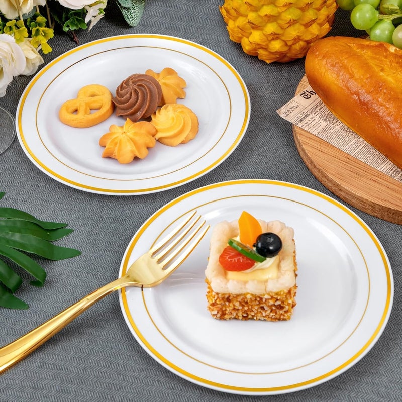 WELLIFE 120 PCS Plastic Dessert Plates and 120 PCS Forks, 6.3 inch Disposable Salad Plate, Premium White Appetizer Plates with Gold Rims Perfect for Party and Wedding - Image 5