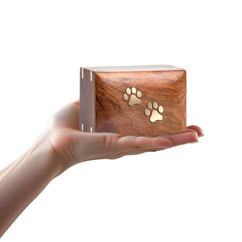 INTAJ Pet Urns for Dogs Ashes - Rosewood Dog Urn for Ashes Handcrafted - Paws Inlaid Cremation Pet urn for Cats - Decorative Wooden Box Keepsake Urn (Two Paws, XS - 5x3x2)