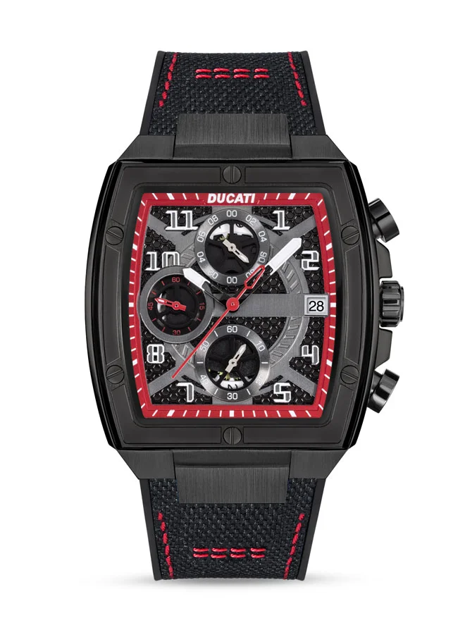 Ducati Ducati DT088 Gents Chronograph Watch – Partial See-Through Dial, Fiery Red Accents, Black Screw-Detail Case, Leather Strap with Silicone Base, Water Resistant 50M
