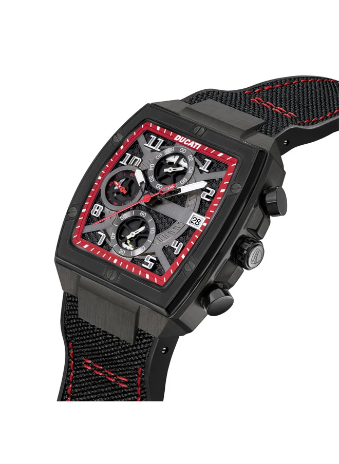 Ducati Ducati DT088 Gents Chronograph Watch – Partial See-Through Dial, Fiery Red Accents, Black Screw-Detail Case, Leather Strap with Silicone Base, Water Resistant 50M