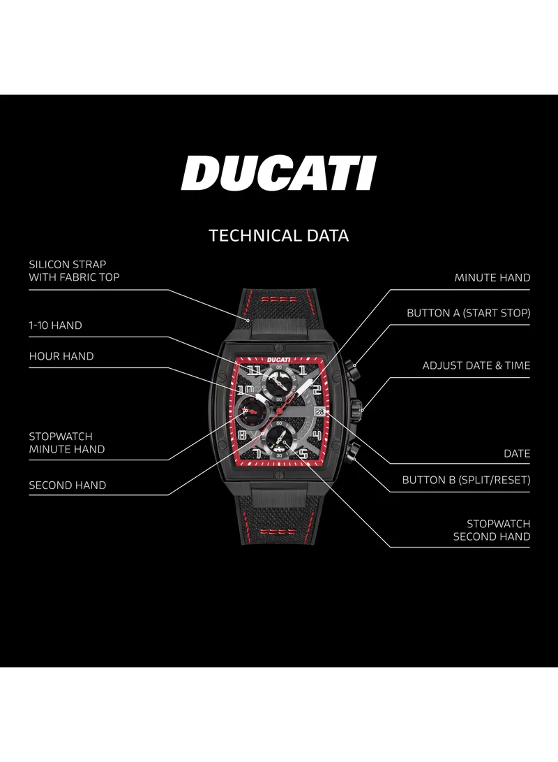 Ducati Ducati DT088 Gents Chronograph Watch – Partial See-Through Dial, Fiery Red Accents, Black Screw-Detail Case, Leather Strap with Silicone Base, Water Resistant 50M