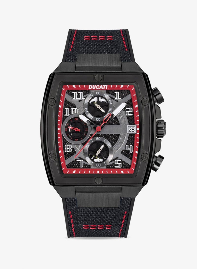 Ducati DT088 Gents Chronograph Watch – Partial See-Through Dial, Fiery Red Accents, Black Screw-Detail Case, Leather Strap with Silicone Base, Water Resistant 50M - Image 1
