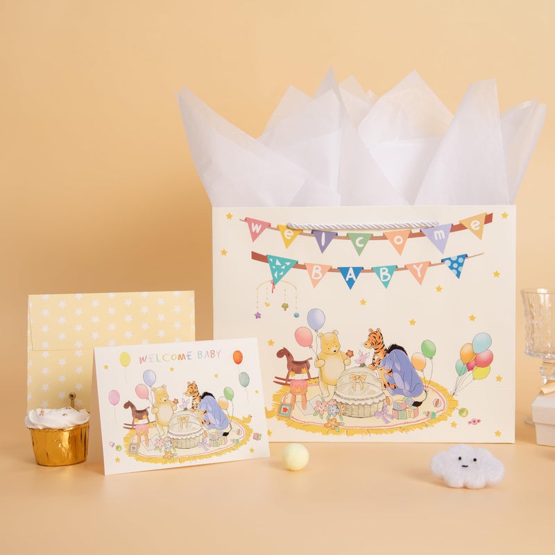Crisky 13" Large Winnie Gift Bags with Tissue Paper and Greeting Card for Baby Shower Kids Boy and Girl Birthday Parties - Image 3