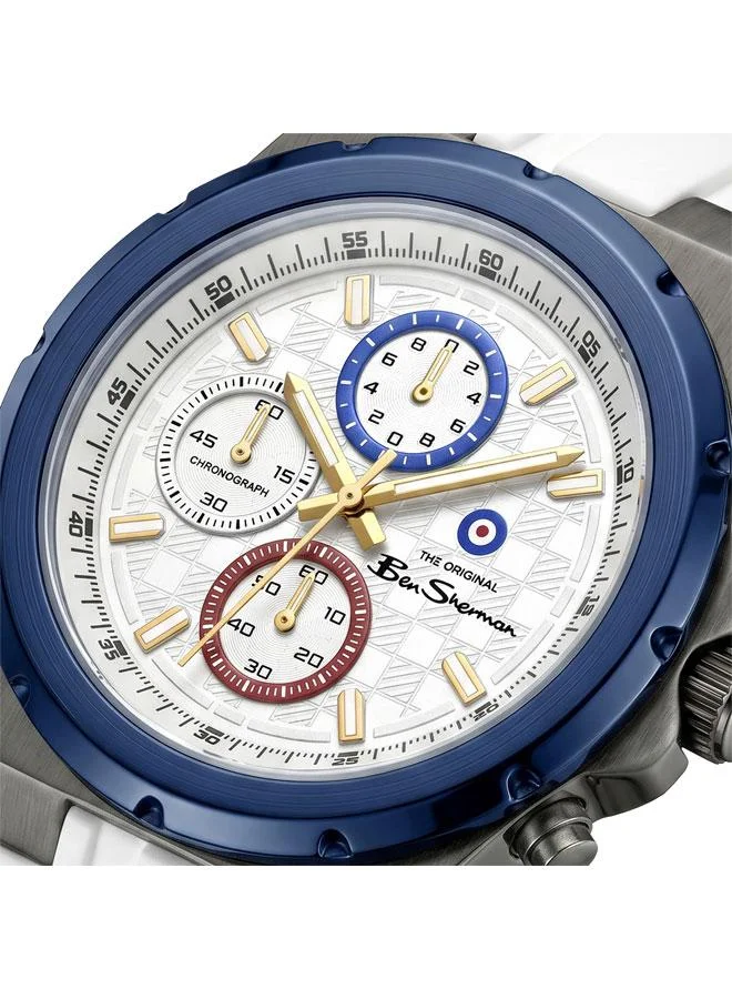 بين شيرمان Manchester  Silver Dial White Silicone Strap Chronograph Watch for Men, 43mm