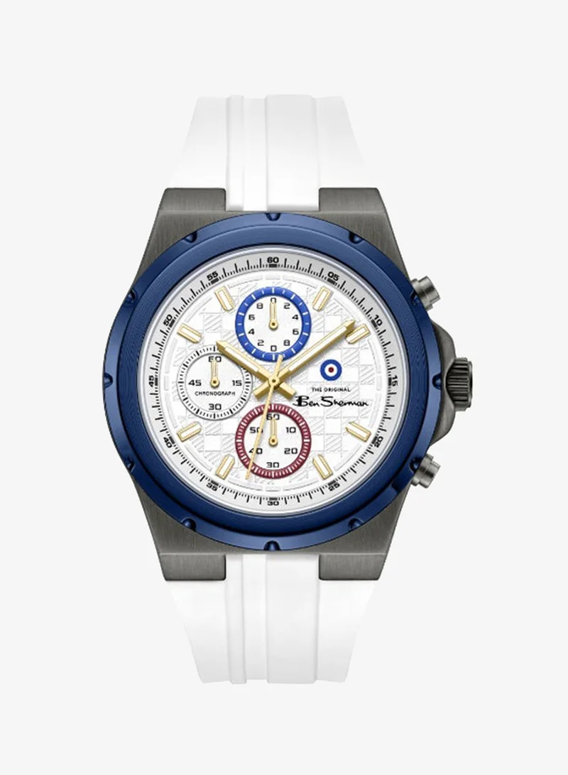 بين شيرمان Manchester  Silver Dial White Silicone Strap Chronograph Watch for Men, 43mm