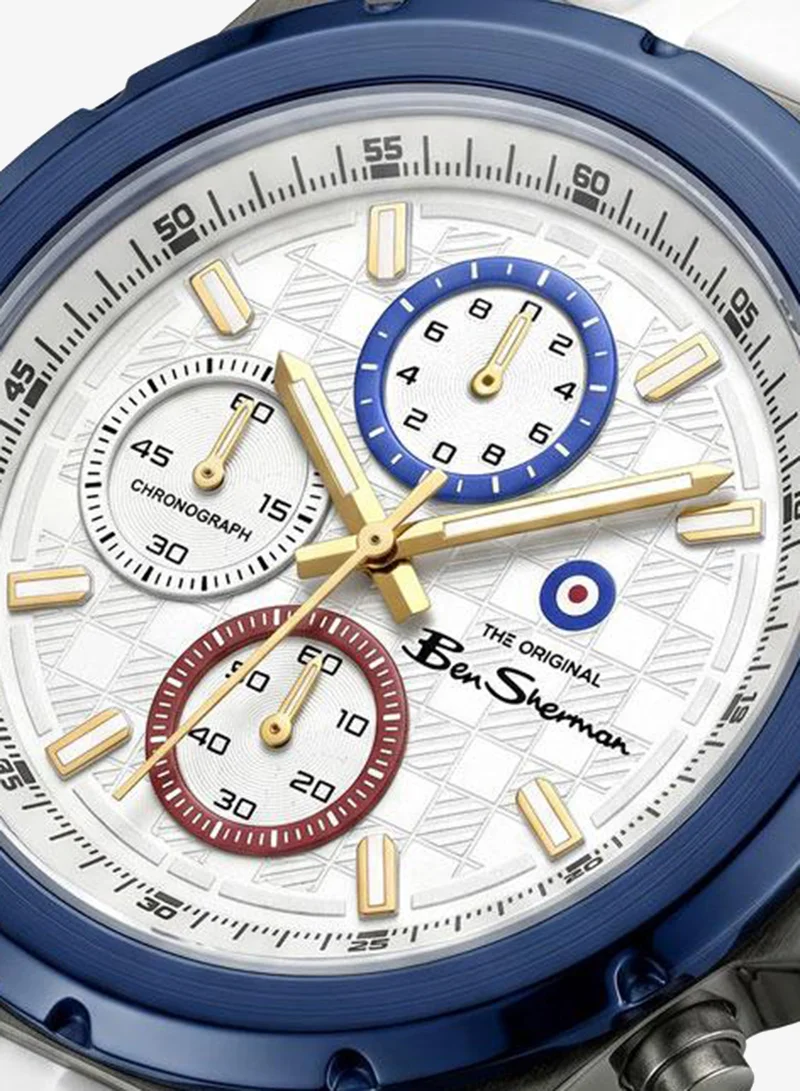بين شيرمان Manchester  Silver Dial White Silicone Strap Chronograph Watch for Men, 43mm