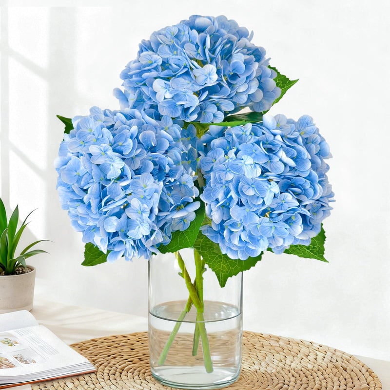 Cherica Real Touch Blue Hydrangea Artificial Flowers with Stems, Fake Silk Flowers for Outdoors, 3 Pcs Artificial Flowers for Home Decor Wedding Bouquets Centerpieces Vase - Image 1