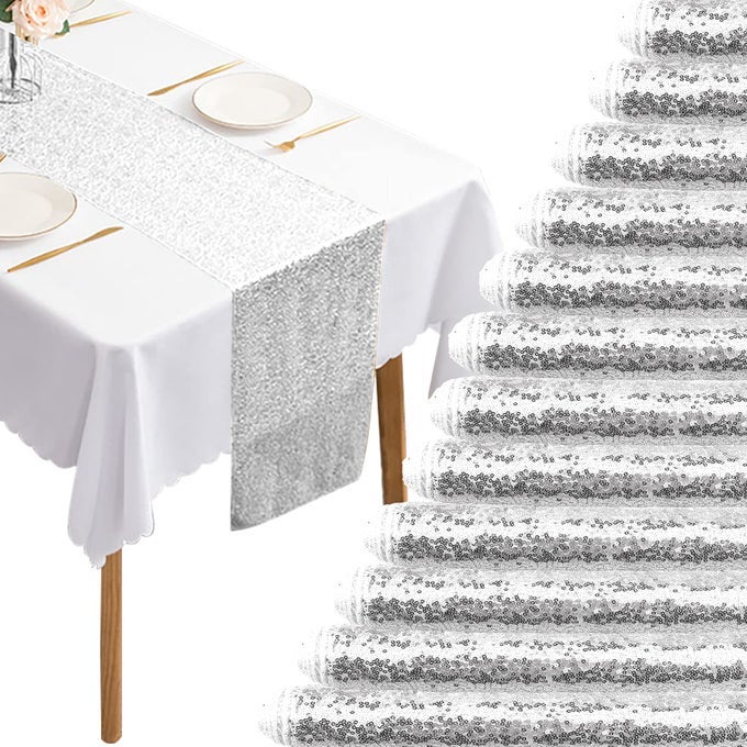 12 PACKS 12 X 108 INCH SILVER SEQUIN TABLE RUNNER GLITTER DINING TABLE RUNNER FOR BIRTHDAY WEDDING ENGAGEMENT BRIDAL BABY SHOWER BACHELORETTE HOLIDAY CELEBRATION PARTY SUPPLIES DECORATIONS SILVER