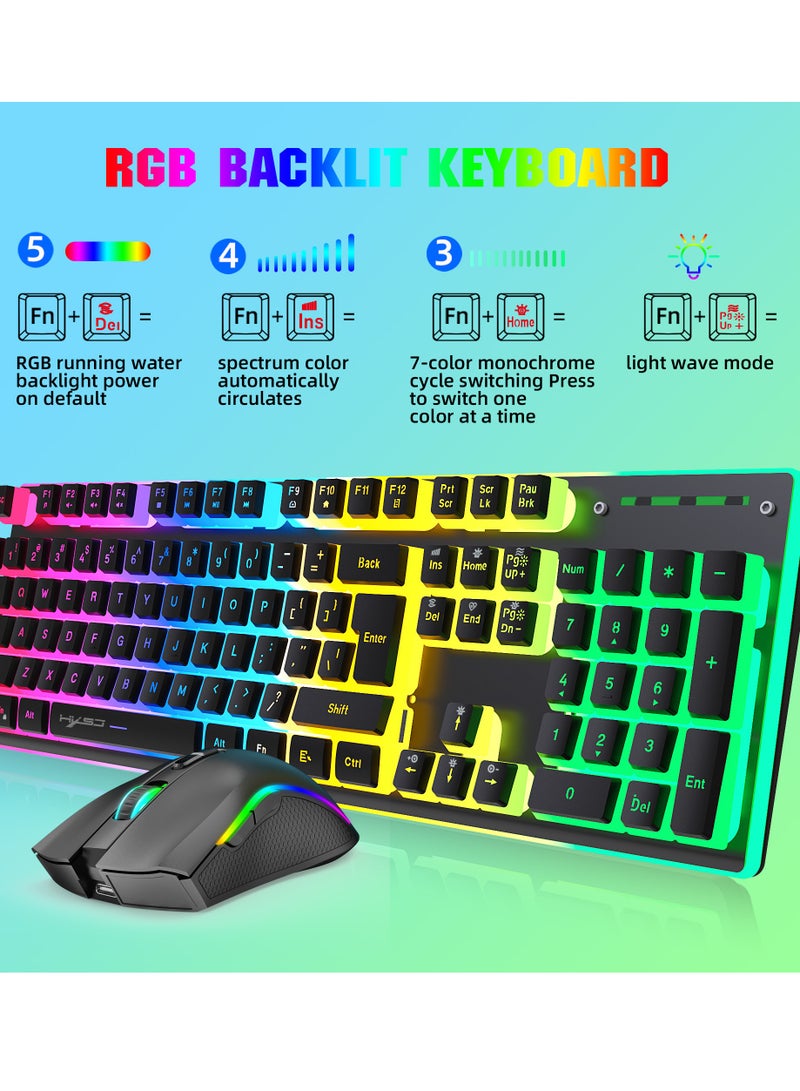 Wireless Mouse And Keyboard Set RGB Water Backlight Rechargeable Keyboard ABS Pudding Key Cap Automatic Hibernation Power Saving Mode 2.4G Wireless Transmission Technology(Black) - Image 4