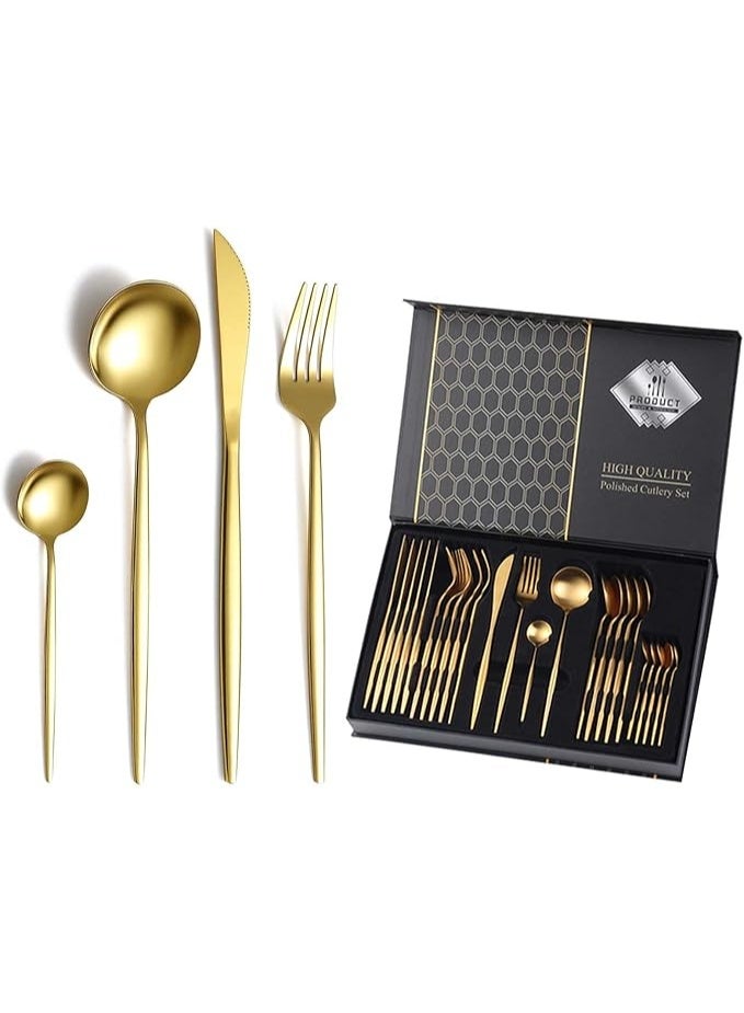 Swift A stylish and modern 24-piece stainless steel cutlery set with a reflective, polished gold finish, including spoons and forks for 6 people, suitable for home, kitchen, restaurant, weddings, and more. Dishwasher safe. - Image 1