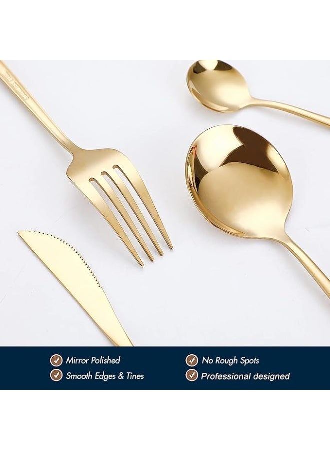 Swift A stylish and modern 24-piece stainless steel cutlery set with a reflective, polished gold finish, including spoons and forks for 6 people, suitable for home, kitchen, restaurant, weddings, and more. Dishwasher safe. - Image 3