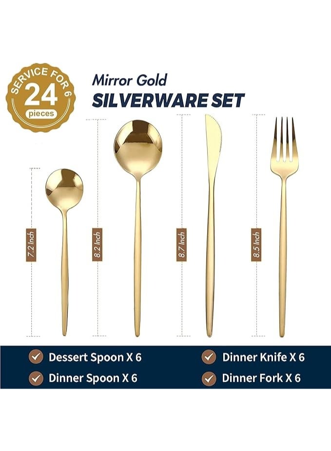 Swift A stylish and modern 24-piece stainless steel cutlery set with a reflective, polished gold finish, including spoons and forks for 6 people, suitable for home, kitchen, restaurant, weddings, and more. Dishwasher safe. - Image 5