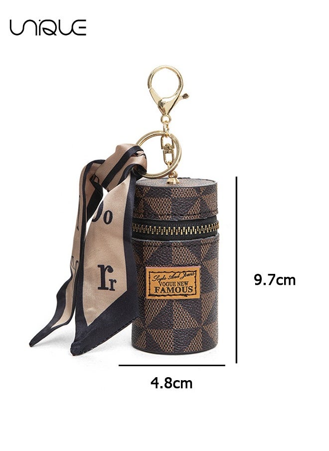 Unique 1 Pcs Lipstick Case Keychain - Leather Lipstick Organizer for Purse - Mini Lipstick Holder Case for Women - With Silk Scarf - Brown  - Image 2