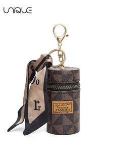 Unique 1 Pcs Lipstick Case Keychain - Leather Lipstick Organizer for Purse - Mini Lipstick Holder Case for Women - With Silk Scarf - Brown  - Image 1