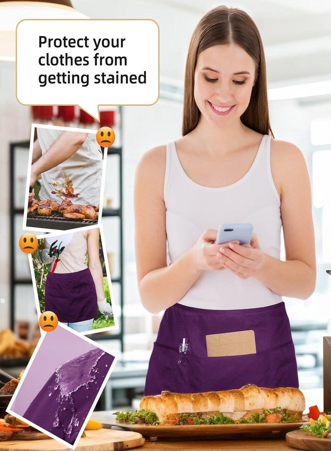 Argstar 2 Pack Server Apron with 4 Pockets, Waitress Waiter Waist WaterDrop Resistant Short Aprons (Purple) - Image 4