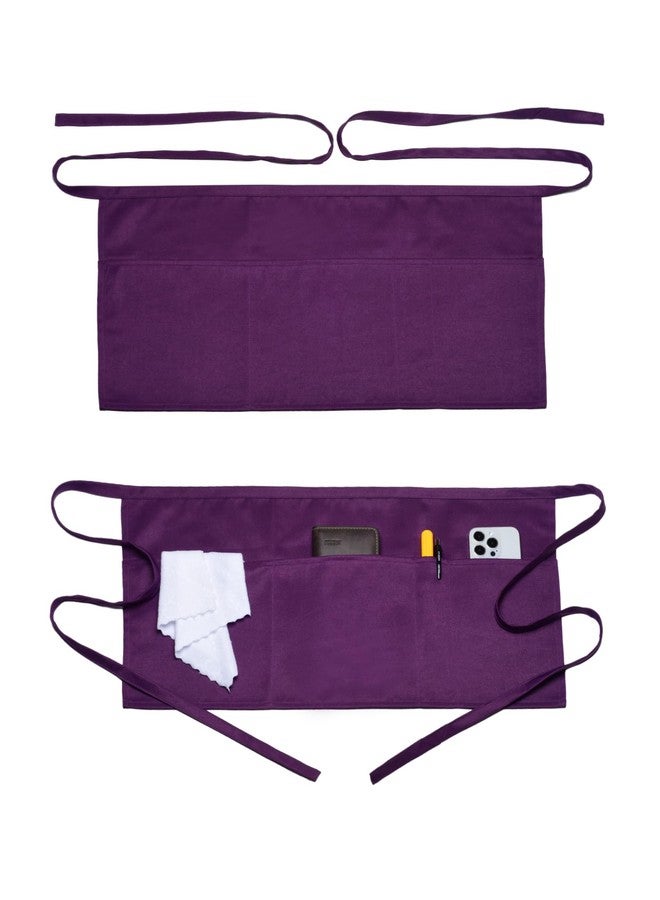 Argstar 2 Pack Server Apron with 4 Pockets, Waitress Waiter Waist WaterDrop Resistant Short Aprons (Purple) - Image 1