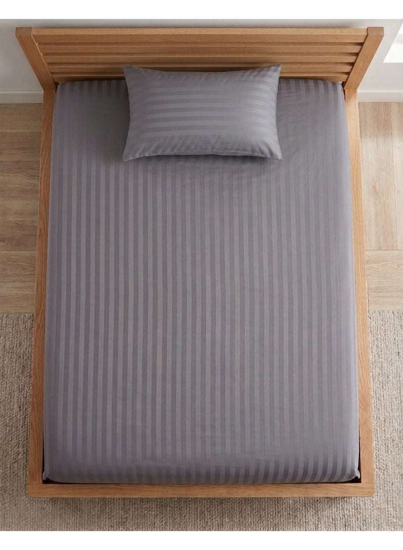 RISHAHOME 2 Pc Grey Stripe Fitted Sheet 90x190+30 cm & Pillow Case - Image 1