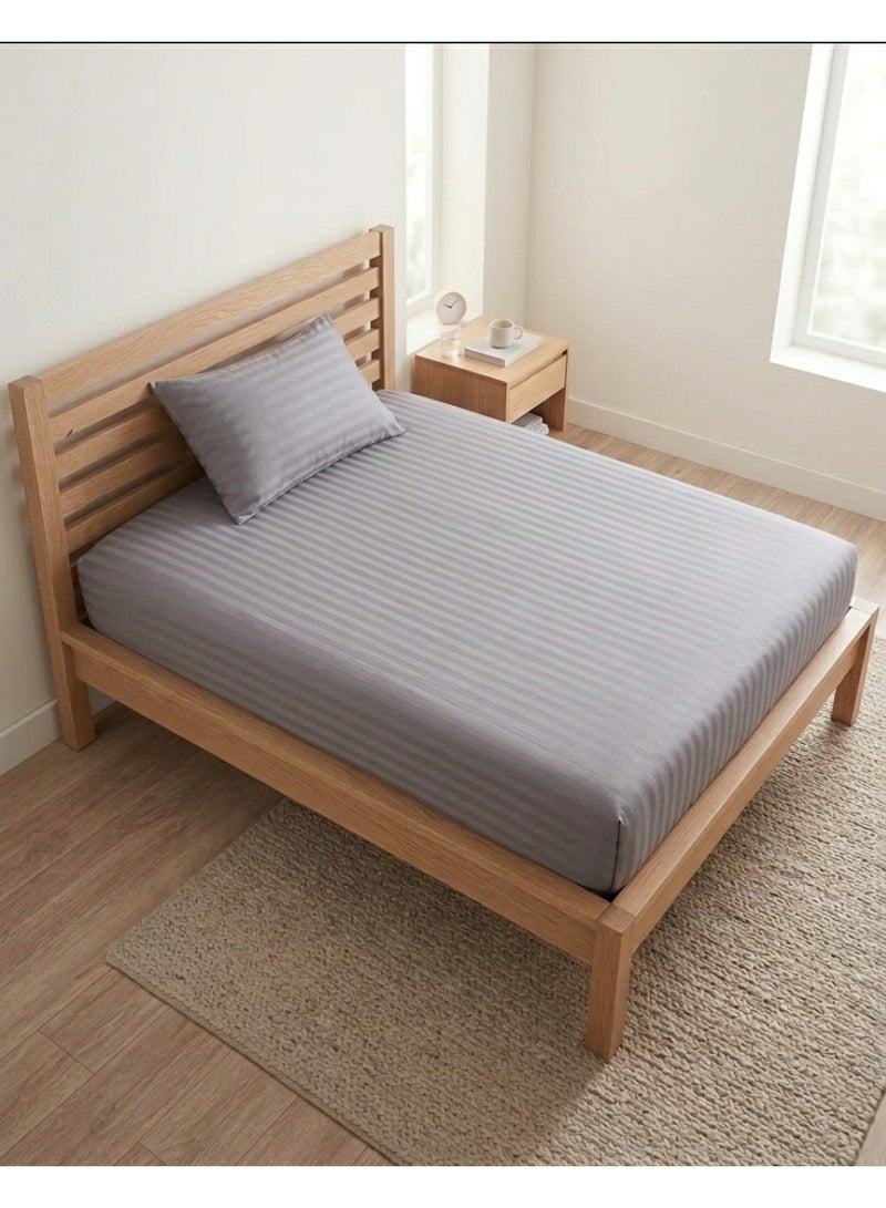 RISHAHOME 2 Pc Grey Stripe Fitted Sheet 90x190+30 cm & Pillow Case - Image 2