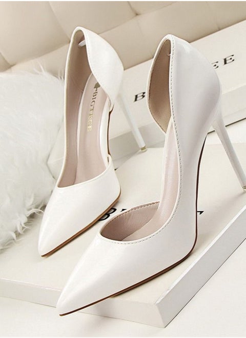 Lacquer Leather Shallow Mouth Pointed Hollow High Heel Shoes 10.5CM White
