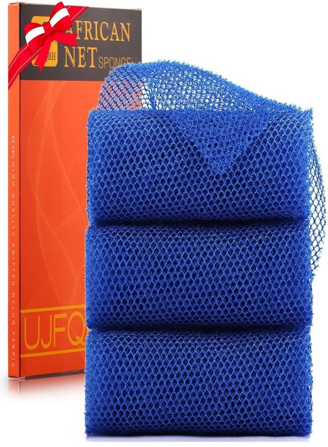 UJFQBH 3 Pieces African Bath Sponge African Net Long Net Bath Sponge Exfoliating Shower Body Scrubber Back Scrubber Skin Smoother,Great for Daily Use (Blue) - Image 1