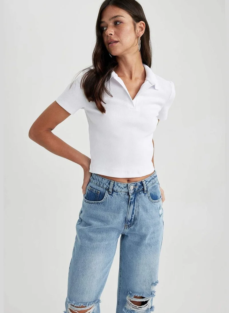 ديفاكتو Woman Fitted Polo Neck Knitted Short Sleeve T-Shirt