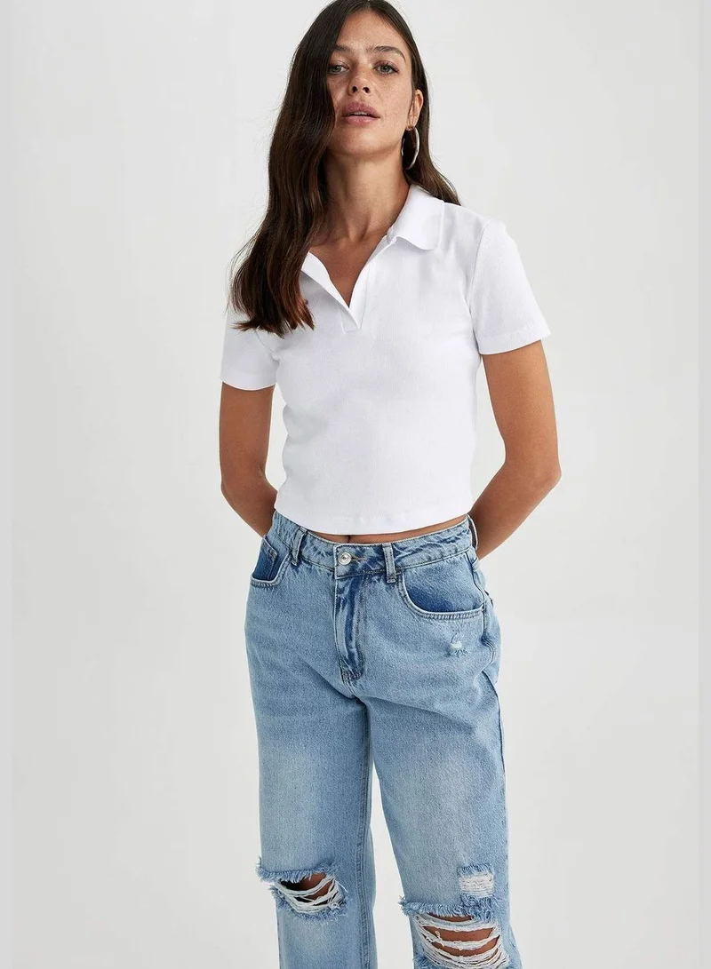 ديفاكتو Woman Fitted Polo Neck Knitted Short Sleeve T-Shirt