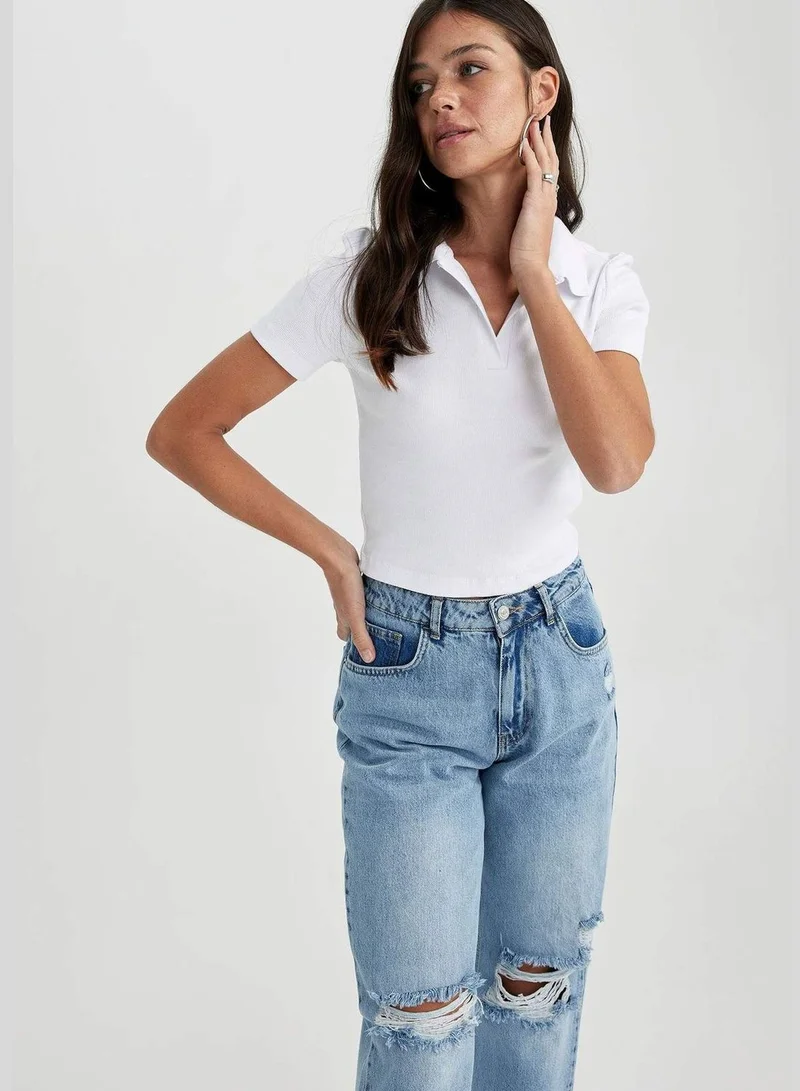 ديفاكتو Woman Fitted Polo Neck Knitted Short Sleeve T-Shirt