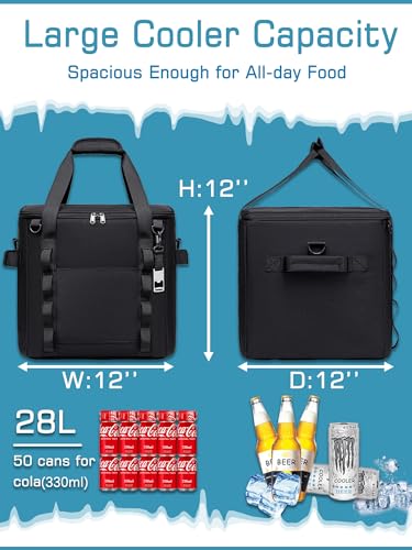 TuErCao Insulated Soft Cooler Bag 12x12x12 Large Leakproof Soft Sided Ice Chest for Travel Beach Camping 50 Cans Portable Cooler Box for Grocery Shopping Road Trips Black - Image 3