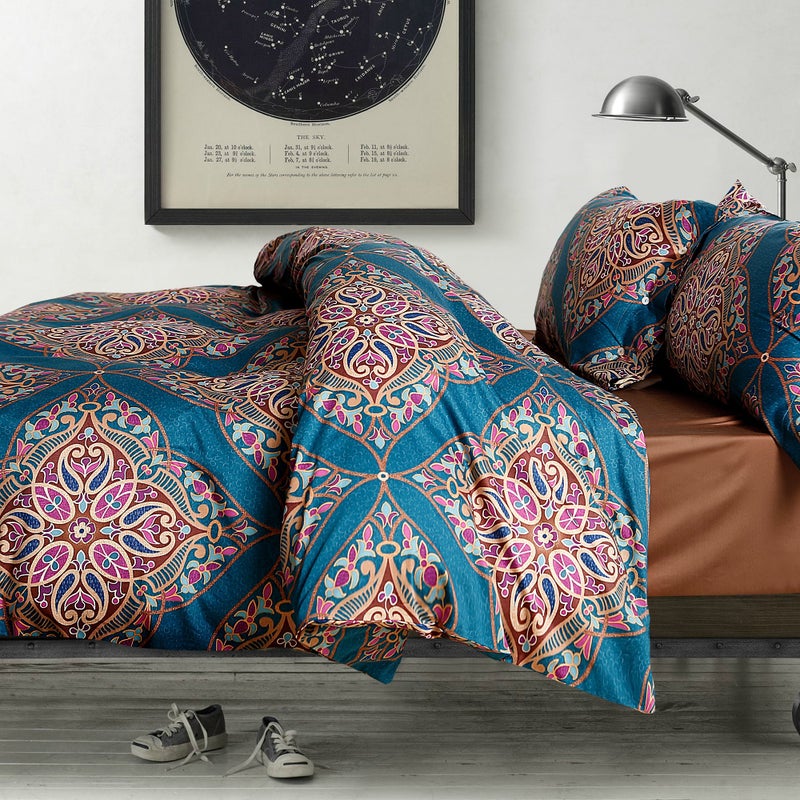 Eikei Damask Medallion Duvet Cover Luxury Paisley Print Bedding Set 400 Thread Count Egyptian Cotton Teal King