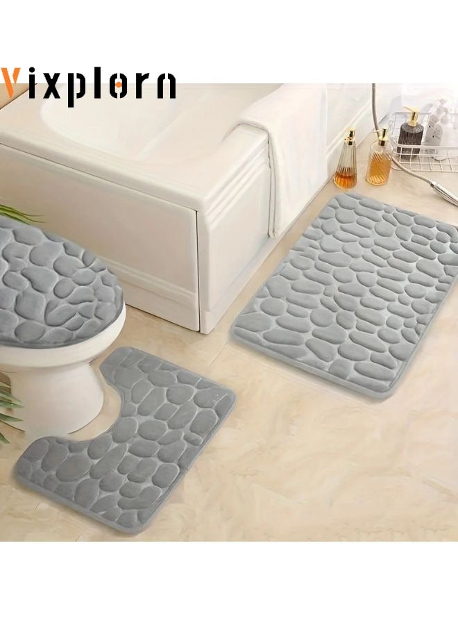 Vixplorn Bathroom Rugs Sets 3 Pieces, Ultra Soft Plush Bath Mats for Bathroom, Polyester Fiber Stone Embossed Toilet Lid Cover Floor Mats Bathtub Side Absorbent Carpets - Image 1