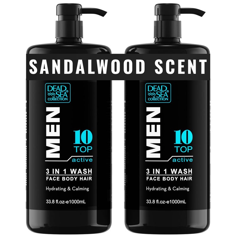 Dead Sea Collection TOP 10 ACTIVE Mens Body Wash 3 in 1  Sandalwood Body Wash for Men  Shower Gel  Shampoo  Shower Soap for Face and Hair  Pack of 2 Bottles 338 Fl Oz Each