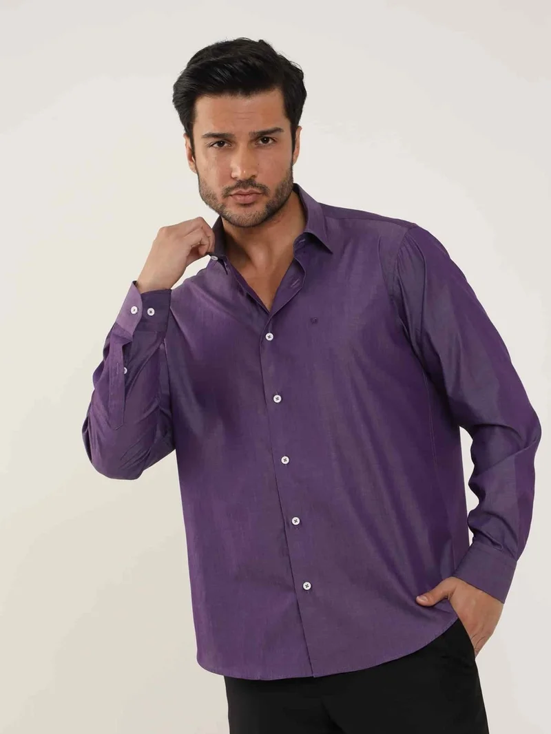 Dufy Plum Men's Regular Fit Plain Brent Button Collar Long Sleeve Shirt - 102264