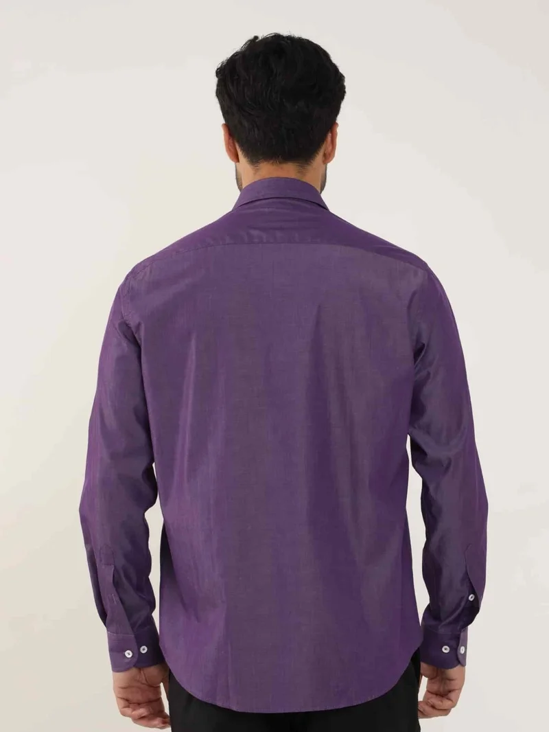 Dufy Plum Men's Regular Fit Plain Brent Button Collar Long Sleeve Shirt - 102264