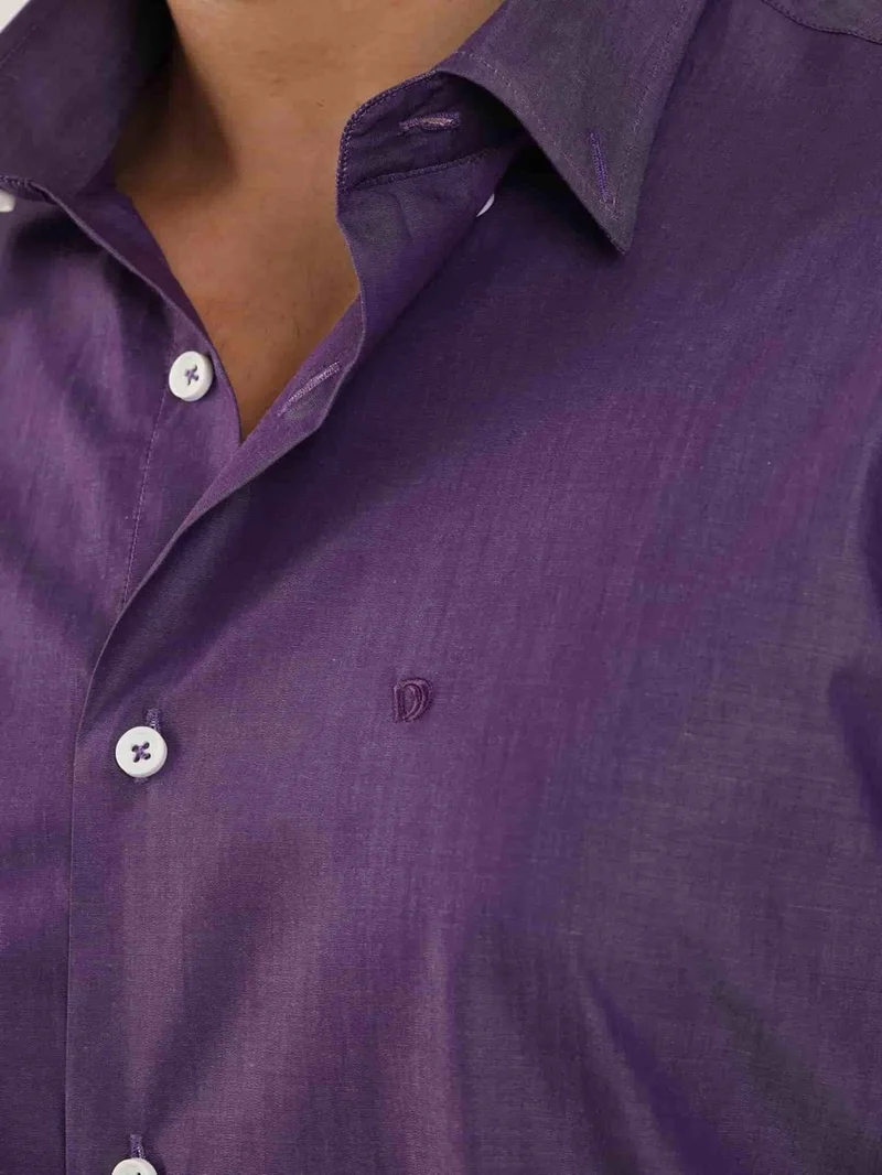 Dufy Plum Men's Regular Fit Plain Brent Button Collar Long Sleeve Shirt - 102264