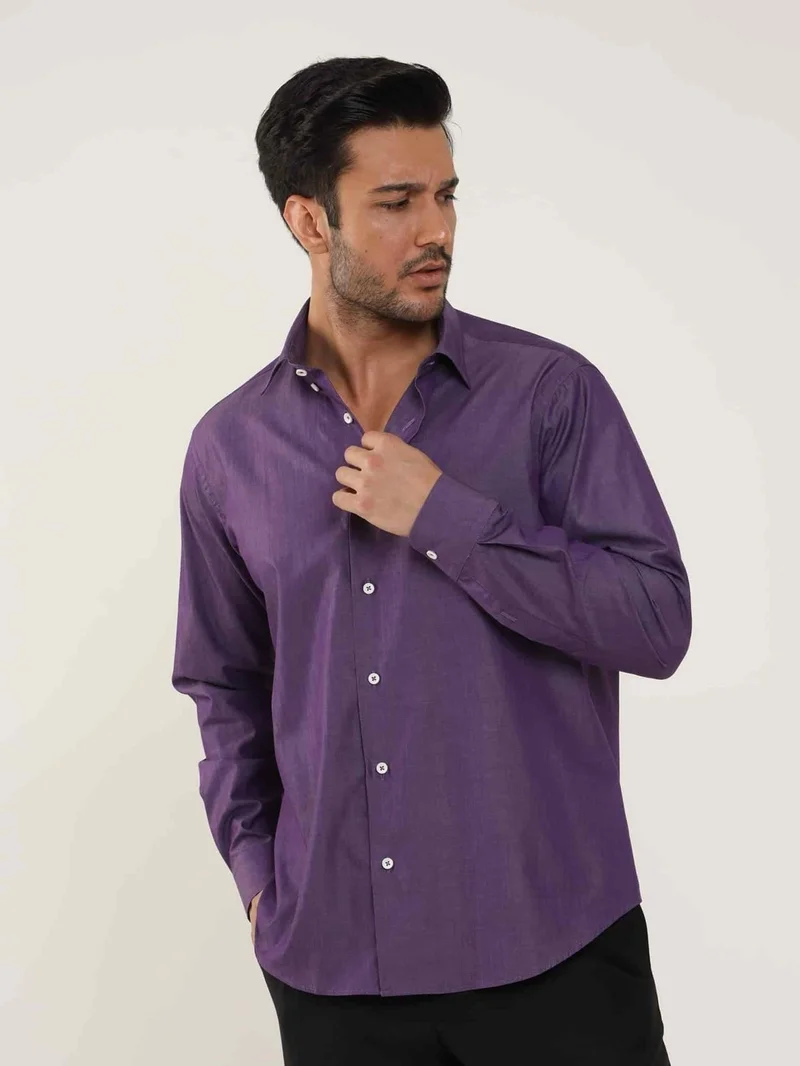 Dufy Plum Men's Regular Fit Plain Brent Button Collar Long Sleeve Shirt - 102264