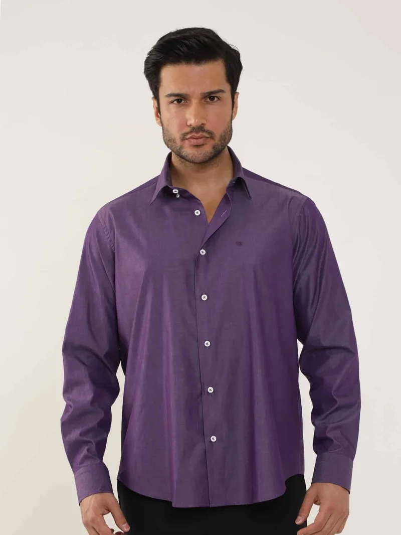 Dufy Plum Men's Regular Fit Plain Brent Button Collar Long Sleeve Shirt - 102264