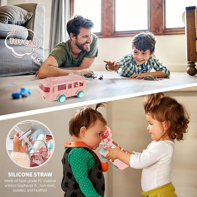 Mo-deza Cute Bus Shape Sipper Water Bottle for Kids Push Button Open Sipper Bottle with Soft Silicone Nozzle Drinking Bottle with Shoulder Straps and Stickers 500 ml 1 pcsmulticolor - Image 2