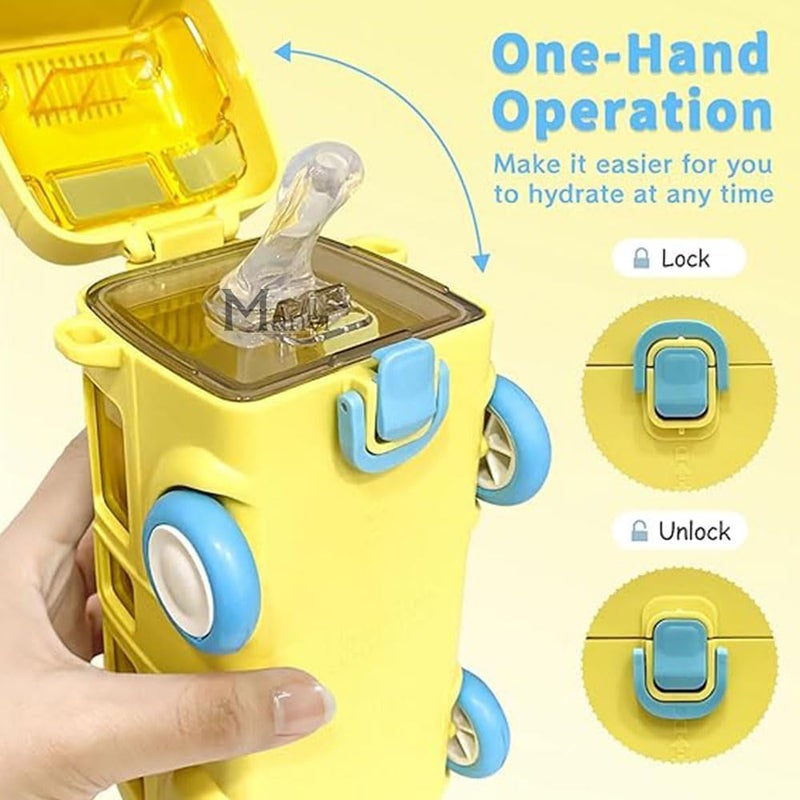 Mo-deza Cute Bus Shape Sipper Water Bottle for Kids Push Button Open Sipper Bottle with Soft Silicone Nozzle Drinking Bottle with Shoulder Straps and Stickers 500 ml 1 pcsmulticolor - Image 4