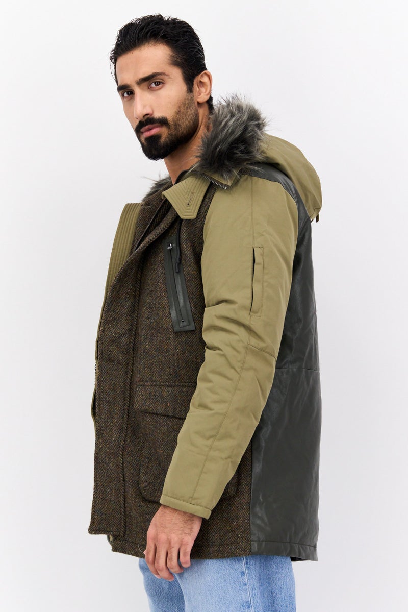 SELECTED Men Textured Hooded Jacket, Olive  - Image 2