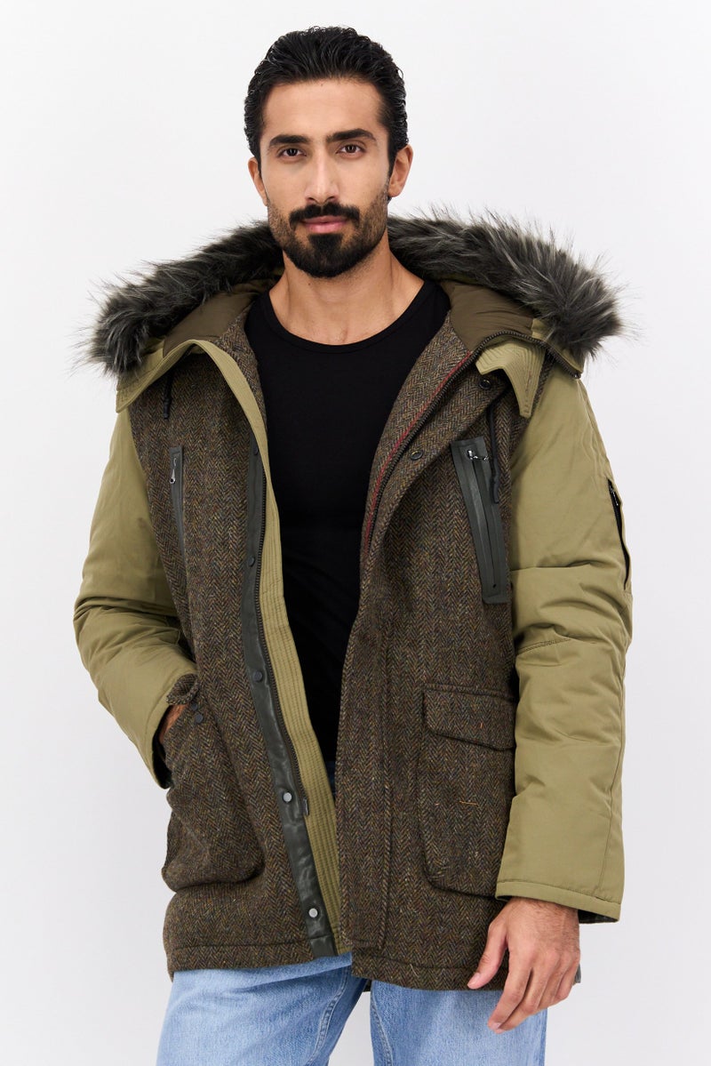 SELECTED Men Textured Hooded Jacket, Olive  - Image 1