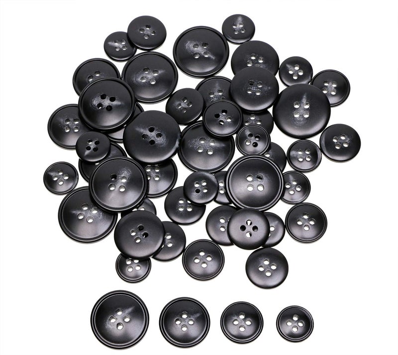 PENTA ANGEL Black Resin Sewing Buttons 50Pcs 4 Holes Assorted Size Flatback Plastic Buttons for Coat Suit Color Round Craft Buttons for DIY Manual Button Painting Handmade Ornament Black