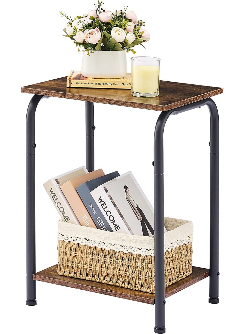 INDIAN DECOR INDIAN DECOR 47180 Classic 3Tier Tall End Table Narrow Side Table with Storage Shelves Slim Side Table for Small Spaces Small Sofa Table for Living Room Bedroom Office Metal Frame Black 