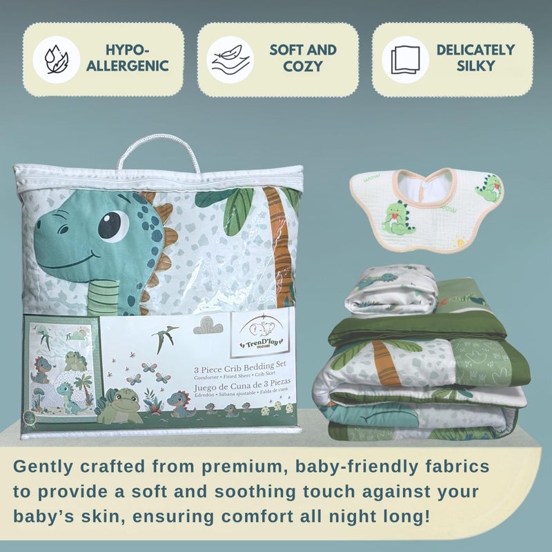TrenD'lay 4 Piece - Includes Comforter, Fitted sheet, Crib skirt and Bib. Unisex Baby Dinosaurs Crib bedding set for Boys or Girls. Crib Comforter set for Newborn and Baby Nursery Decor. Baby Bedding. - Image 4