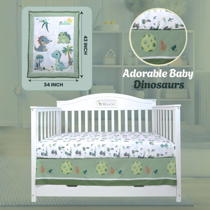 TrenD'lay 4 Piece - Includes Comforter, Fitted sheet, Crib skirt and Bib. Unisex Baby Dinosaurs Crib bedding set for Boys or Girls. Crib Comforter set for Newborn and Baby Nursery Decor. Baby Bedding. - Image 3