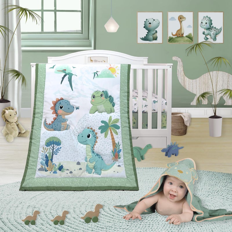 TrenD'lay 4 Piece - Includes Comforter, Fitted sheet, Crib skirt and Bib. Unisex Baby Dinosaurs Crib bedding set for Boys or Girls. Crib Comforter set for Newborn and Baby Nursery Decor. Baby Bedding. - Image 1