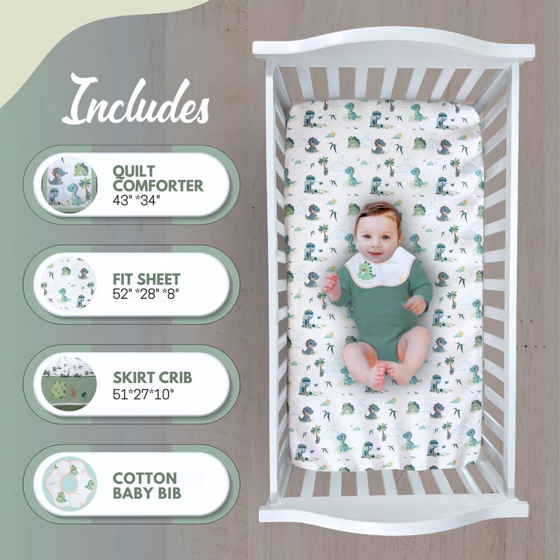 TrenD'lay 4 Piece - Includes Comforter, Fitted sheet, Crib skirt and Bib. Unisex Baby Dinosaurs Crib bedding set for Boys or Girls. Crib Comforter set for Newborn and Baby Nursery Decor. Baby Bedding. - Image 2