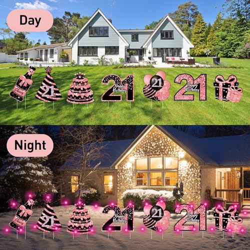 ComboJoy 21st Birthday Decorations for Her - 7 Pcs Birthday Yard Signs with Stakes, 2 LED Lights & Double-Sided Tape | Happy 21 Years Old Decor | Outdoor/Indoor Party Favors, Photo Props & Lawn Decorations - Image 3
