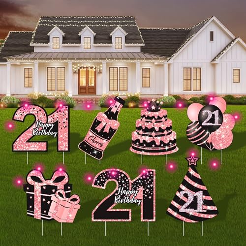 ComboJoy 21st Birthday Decorations for Her - 7 Pcs Birthday Yard Signs with Stakes, 2 LED Lights & Double-Sided Tape | Happy 21 Years Old Decor | Outdoor/Indoor Party Favors, Photo Props & Lawn Decorations - Image 1