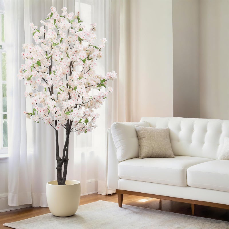 BINCUE Artificial White Cherry Blossom Tree Fake Tree Cherry Blossom Decor Fake Flowers Faux Flowering Tree White Flowers Floral for Indoor Outdoor Room Home Decor Spring Gift 5.74FT - Image 1