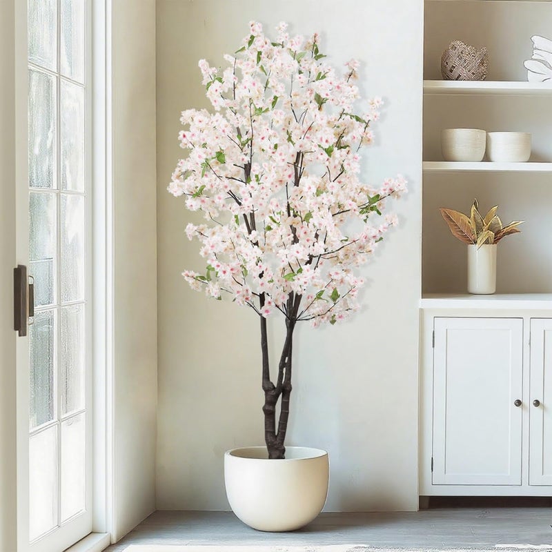 BINCUE Artificial White Cherry Blossom Tree Fake Tree Cherry Blossom Decor Fake Flowers Faux Flowering Tree White Flowers Floral for Indoor Outdoor Room Home Decor Spring Gift 5.74FT - Image 2